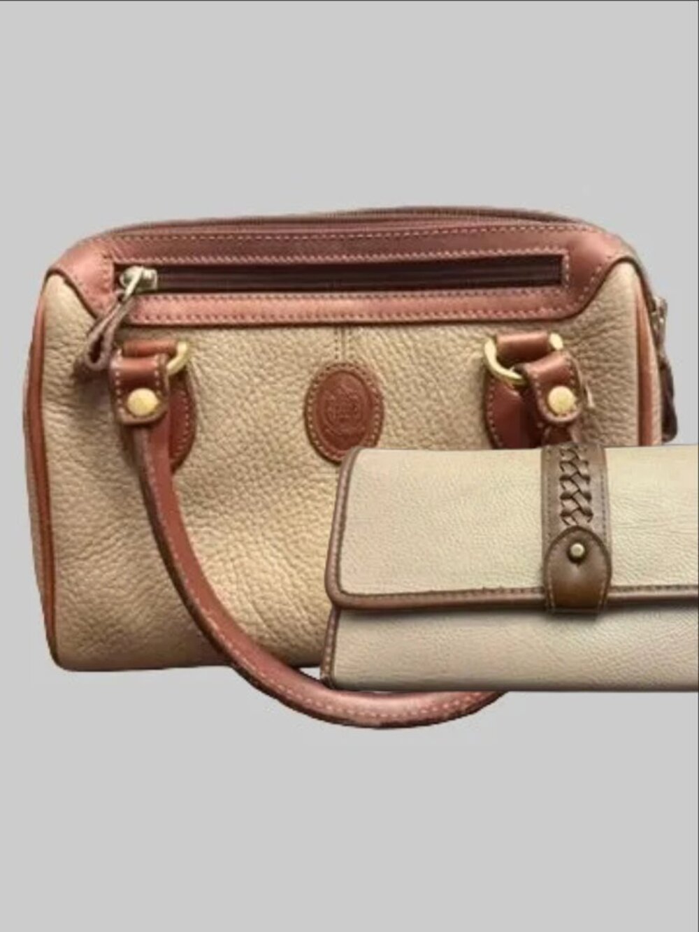 Liz Claiborne Colorblock Satchel Purse & Matching Wallet Set Tan Brown Y2K